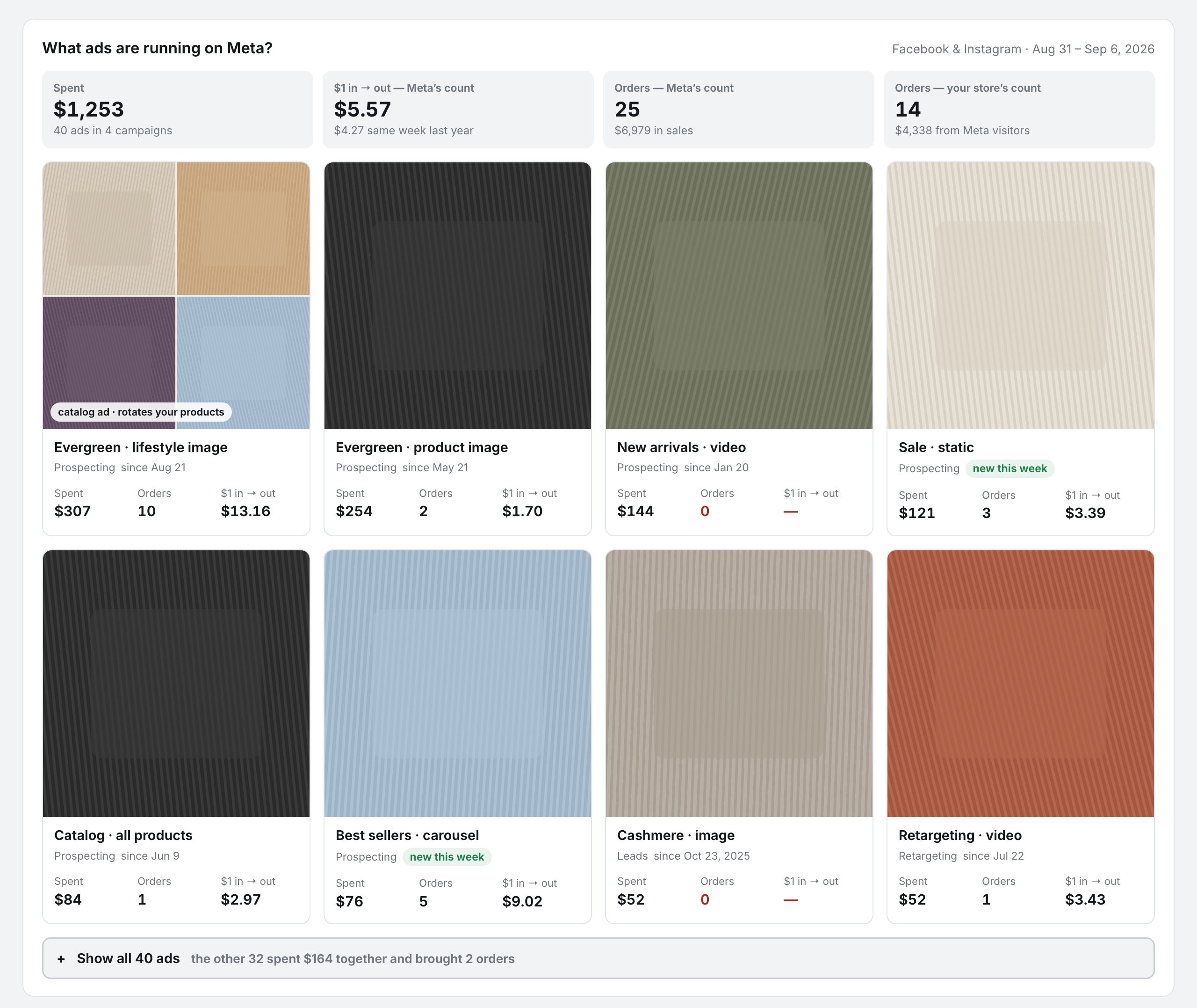 The Meta ads card: spend, Meta’s count and the store’s count, and a grid of ad tiles with their results.